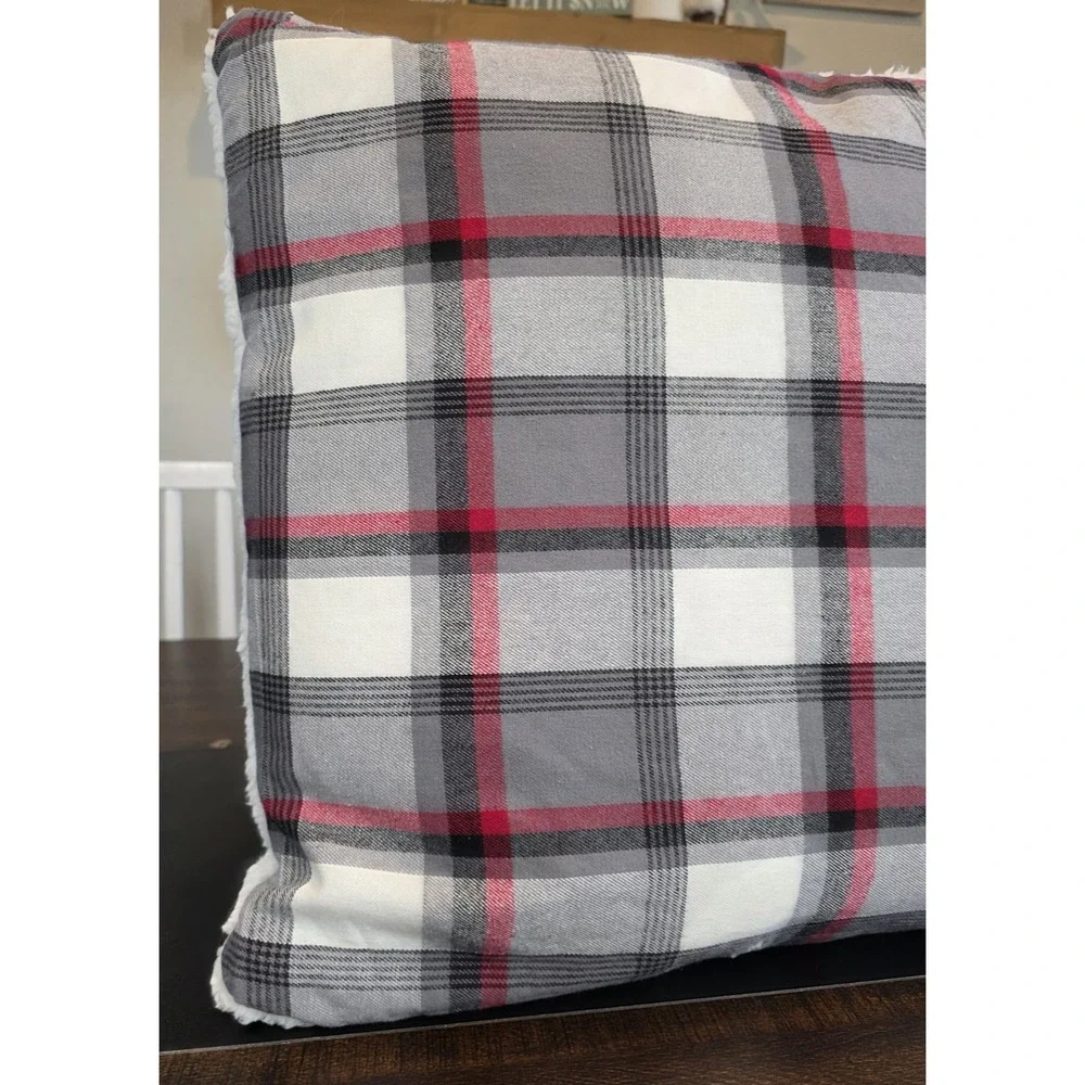 Eddie Bauer Decorative Throw Pillow Wallace Plaid Sherpa Red Black Square 20 NEW